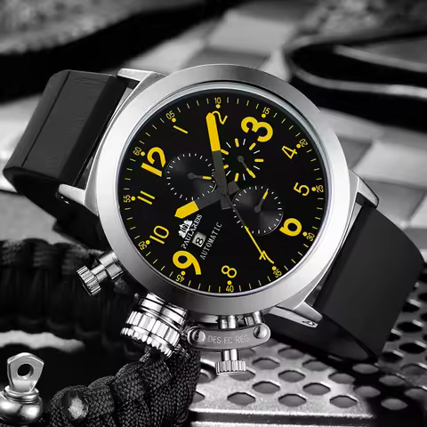Automatic Men Watch Mechanical Self Wind Rubber Boat Case Orange Blue Yellow Grey Fashion U Left Han