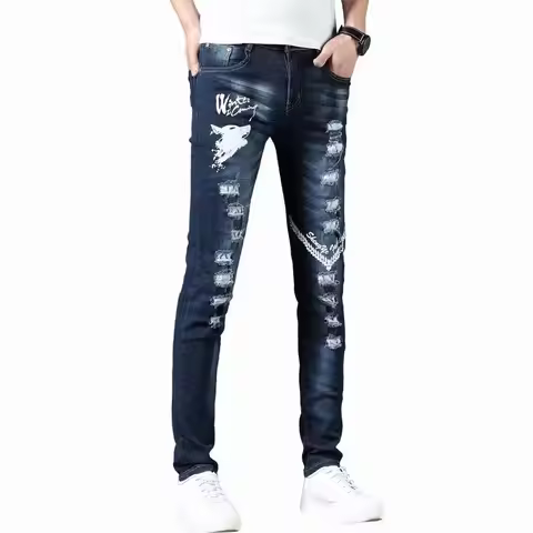 New Stretch Jeans Clothing Y2k 2000s Embroidery Korean Ripped Printing Trend Men's Small Feet Trouse
