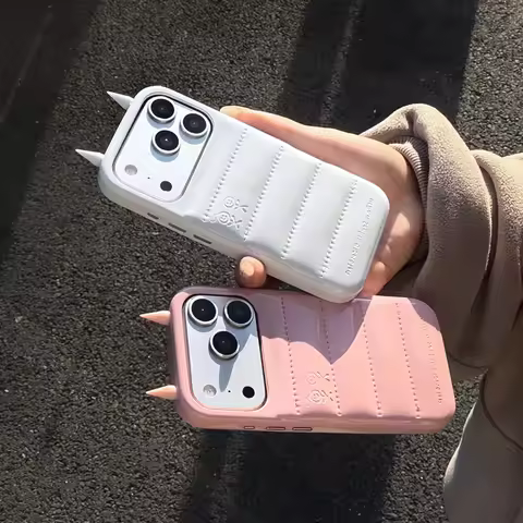 Cute 3D Devil Horn Pink White Phone Case For iPhone 17 16 15 14 Pro Max 13 Solid Color PU Leather Ur