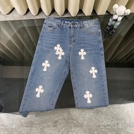 Chrome hearts chrome hearts 2025 Classic White Cross Leather Jeans Unisex