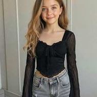 Tween Girls' French Elegant Long Sleeve Textured Solid Color T-Shirt,Black,Winter,Basic,Stylish,Part
