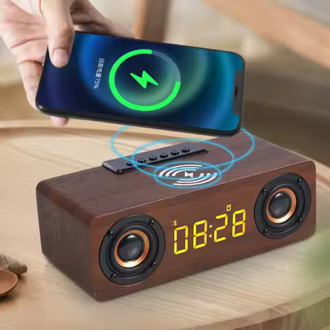 Wooden Retro Alarm Clock Bluetooth Speaker Mobile Phone Wireless Fast Charging Wooden Alarm Clock Wi
