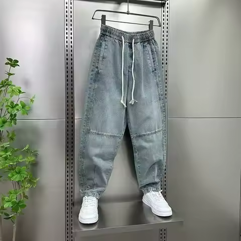 Trendy Blue Men's Denim Pants Elastic Waist Baggy Cuffed Harlan Style Spring Autumn New Fashion Loos
