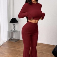 2pcs/Set Women Casual Solid Color Knit Crew Neck Long Sleeve Cropped Fitted T-Shirt & High Waist Fla