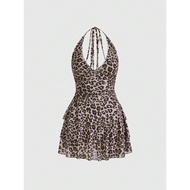 J-Fashion Women Gyaru Fashionable Summer Mini Sexy Leopard Print Halter Dress, School