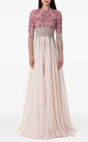 Blush Pink Sheer Long Sleeve Chiffon Evening Gown Ombre Pink Silver Rhinestone Beaded Floor Length M