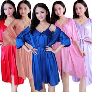 [FREE SIZE] 2 In 1 Nightwear Night Dress Soft Silk Pyjamas With Lace Bathrobe Pajamas Baju Tidur