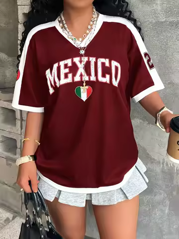 Women's V Neck Mexico Graphic Shirt - Burgundy & White Oversized Fit Features "MEXICO" Text with Hea