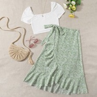 WYWH ชุดคอตอปผ้าพื้นขาวสำหรับผู้หญิงในช่วงหยุดปิดเทอมฤดูใบไม้ผลิ และกระโปรงพิมพ์ลายดอกไม้