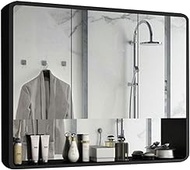 Medicine Cabinets Black and White Solid Wood Cabinet Bathroom Mirror Cabinet Waterproof Toilet Mirror Box Wall-Mounted Storage Mirror with Rack (Color : Black, Size : 1001475cm)
