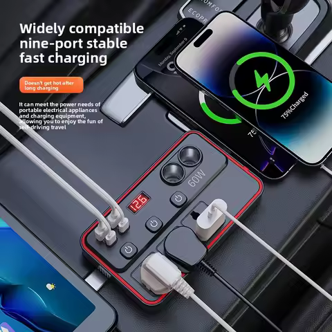 60W Car Power Inverter DC 12V To AC 220V 50Hz Cigarette Lighter Charger with QC 3.0 PD USB Ports and