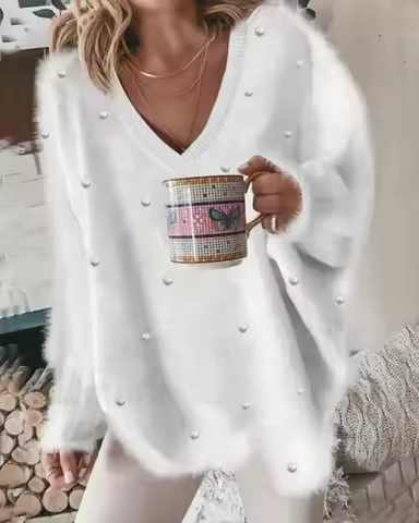 Women's White Oversized V-Neck Sweater Casual Long Sleeve Pullover Fuzzy Knit Top with Pearl Decor