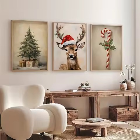 Retro Christmas Tree Reindeer Animal Canvas Print Christmas Eve Cane Candy Wall Art Poster for Moder