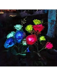 1入組太陽能花園玫瑰燈,逼真的led玫瑰花墓地裝飾釘子燈,適用於花園,庭院,院子和墳墓裝飾,防水（紅色/粉紅色/藍色,具有3朵照亮的花朵頭）