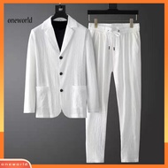 Oneworld| 1 Set Autumn Men Blazer Pants Stripe Pleats Jacket Drawstring Pants Casual Suit for Wedding