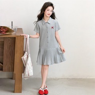Girls Pleated Dress Summer 2026 Grey Short Sleeve for 110-170cm 15-50kg