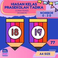 77 Dekorasi Kelas Prasekolah | Bunting Nombor 0-30 dan ABC Reka Bentuk Pensel | PDF