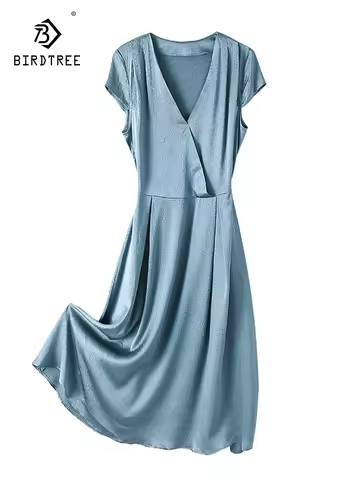 Birdtree 91.8% Real Silk 8.2% Spandex Dresses V-neck Short Sleeve Elegant Intellectual Style Dress 2