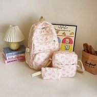 3pcs Nylon Bow Print Backpack Set,Foldable Multi-Po Cket Large CapacityWater-Resistant Zipper Backpa