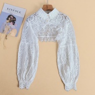 Lace Shrugs Long Sleeves Sweater Bolero Collar Crop Tops Women Button Under Knit Shirt Without Tube