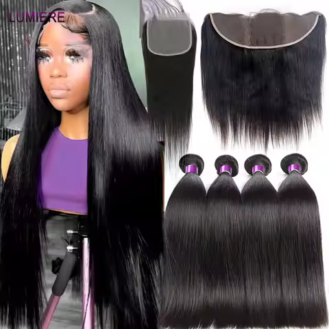 Lumiere Bone Straight 100% Virgin Human Hair 3/4 Bundles with Closure Frontal HD Transparent Hair We