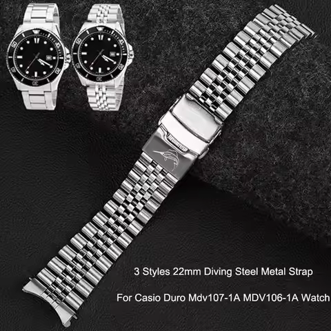 3 Styles 22mm Diving Steel Metal Strap For Casio Duro Mdv107-1A MDV106-1A Watch Wristband Bracelet W