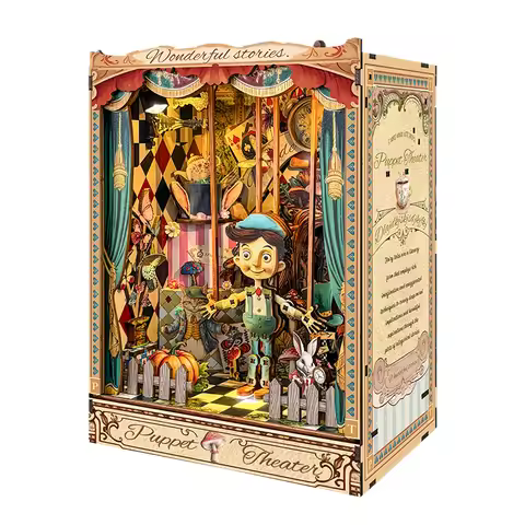 DIY Wooden Book Nook Puppet Theater Bookend Figurines Miniatures Kits Handmade Bookshelf for Friends