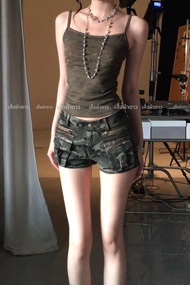 กางเกงยีนส์ทรงเข้ารูปสไตล์ย้อนยุคแบบอเมริกันสำหรับผู้หญิง กางเกงขาสั้นทรงเข้ารูป Y2K ทรงเข้ารูป สไตล