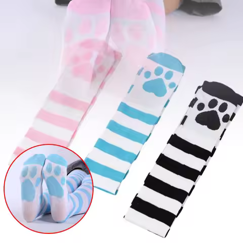 1Pair Over Knee Socks Pink Strip Kawaii Cat Paw Print Stockings Over The Knee Thigh High Long Stocki