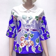 เสื้อลินินพิมพ์ลาย ผู้ใหญ่ อก 38" 40" 42" 44" 46" 48 50 อินกะออย In Ka Oil สีฟ้า/ เหลือง (รุ่น J095)