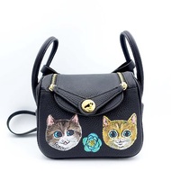 GOOKASO 黑色真皮牛皮革手繪貓咪包包手袋26cm LINDY款單肩手袋