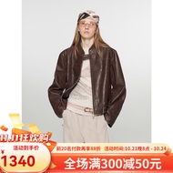付智恩 焦糖山 复古双色油蜡绵羊皮真皮皮衣小立领机车外套短款春 棕红色 S