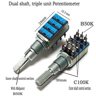 1pcTOCOS Type 12mm potentiometer Dual shaft, triple unit With Midpoint B50K Outer shaft control sect