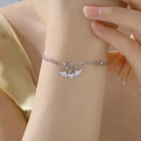 Romantic djustable Design Heart Wing Bracelet Beads Chain Waterproof Stainless Steel Bracelet Heart 