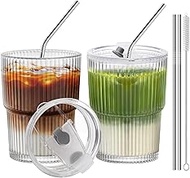 RÉΑLWÁY Iced Coffee Cups with Lids and Straws Set of 2, 13 Oz Glass Cups with Lids and Straws Reusab