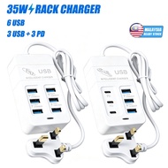 【MY Stock】35W Fast Charging Charger UK Plug 6 Ports USB Type-C Multifunction Power Chargers Hub Adap