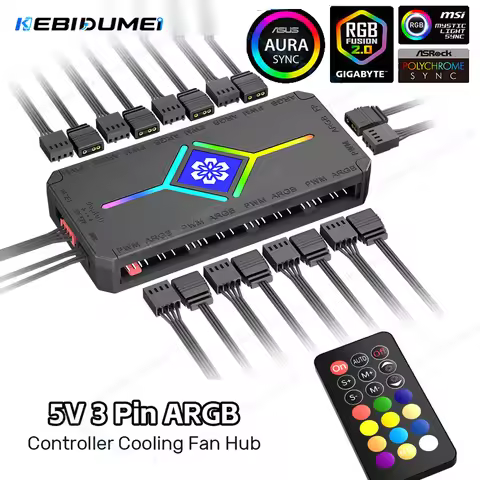 KEBIDUMEI ARGB PWM Fan Hub Adapter Controller 1To9 Port 5V 3 Pin PC Cooling Fan Hub Splitter SATA Po