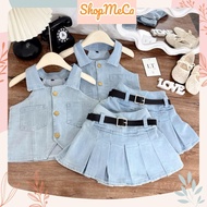 N98, (Free belt) 12-32kg - denim jean shirt Set Sleeveless Pleated skirt for girls