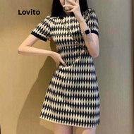 Lovito Casual Dress Argyle Contrast Binding Round Neck A-Line Mini Dress for Women LNA06010 (Multi-C