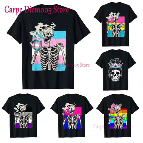 Skeleton Drinking Coffee LGBT-Q Transgender Pride Trans Flag T-Shirt