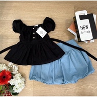 Ny 2-Piece Set Doll Sleeve Shirt With Bow Tie At The Back + Balloon-Shaped Denim Skirt Beautiful To 