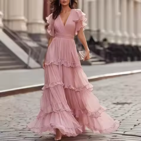 Women's Elegant Evening Party Gown Deep V Ruffle Sleeve Dusty Chiffon High Waist Layer Ruffle Tiered
