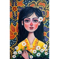 Flowers (Batik Girl 4) (2018) by Jean Lynn | Original Painting | Acrylic on Canvas | 60 cm x 91 cm