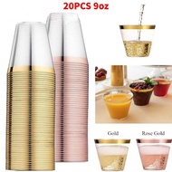 20Pcs 9oz Shiny Crystal Clear Gold rimmed Plastic Disposable Cups