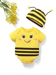 SHEIN 嬰兒女寶寶可愛的蜜蜂造型短袖連身衣帶帽,2入組服裝套裝