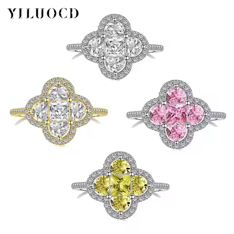 YILUOCD Shiny 5A Cubic Zirconia Four Clover Rings for Women CZ Lucky Ring Daily Classic Jewelry Lady