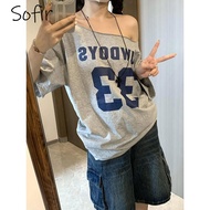 Sexy Grey T-Shirt American Hot Girl Off Shoulder Short Sleeve Top Women's Off-the-Shoulder Retro Hot