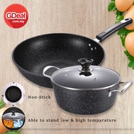 GDeal Set Of 2 Kitchen Non Stick Cookware Frying Pan Soup Wok With Lid Set Periuk Masakan