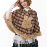ziziFei''兔兔的童話冒險''秋冬棕色格紋毛絨兔子斗篷披肩外套女