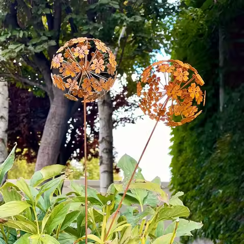 Rustic Metal Plant Garden Stake - Dandelion & Hydrangea Silhouette Art, Weathered Corten Steel Yard